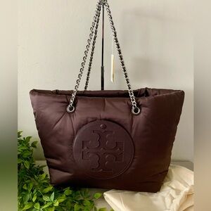 NWT TORY BURCH ELLA CHAIN SOFT PUFFY NYLON TOTE TEMPRANILLO